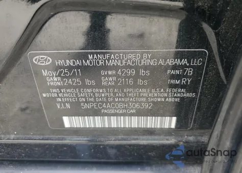 2011 Hyundai Sonata Se from USA, damaged, VIN 5NPEC4AC0BH306392